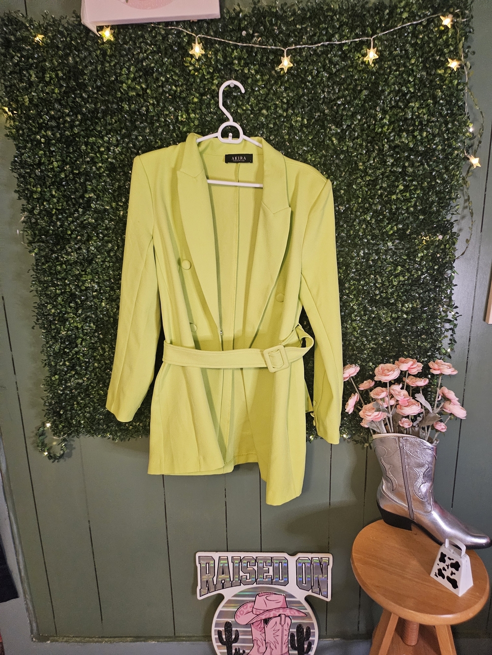 AKIRA Bright Lime Green Belted Blazer